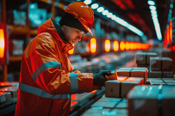Obraz premium Worker in Safety Gear Organizing Packages in Warehouse with Automated Scanning Technology for Efficient Transport and Logistics Management