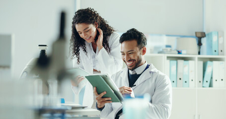 Science, team and happy people on tablet in lab for analysis, medical research and study. Chemistry, pharmaceutical and man with woman on digital tech for vaccine results, discovery and online report