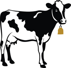Black and white cow with a bell isolated on white background