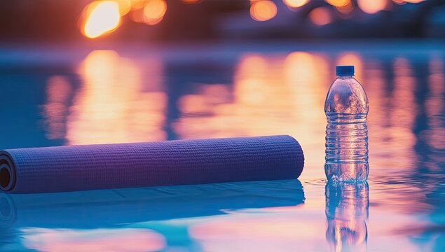 A yoga mat and water bottle rest on the still surface of a pool at sunset. Vibrant colors of orange and purple reflect on the water