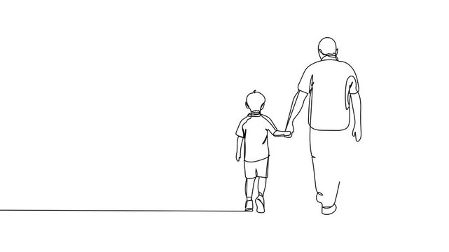 Animated self drawing of continuous line draw father and son walk along the road. Father holds his little son's hand. Father's Day. Full length one line animation.