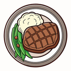 Cartoon Illustration of a Steak Dinner with Mashed Potatoes and Green Beans on a Plate Isolated on a White Background