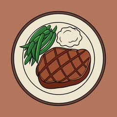 Cartoon Dinner Plate with Steak Mashed Potatoes and Green Beans Offering a Classic and Comforting Meal Illustration with Warm Tones and Simple Design