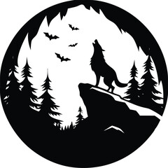 Wolf howling at the moon in a forest with bats at night