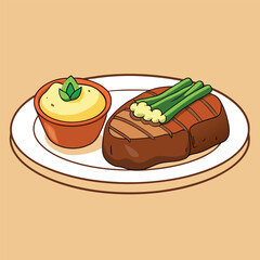 Cartoon Illustration of a Grilled Steak with Asparagus and Mashed Potatoes on a White Plate Perfect for Food Blogs and Restaurant Menus Design