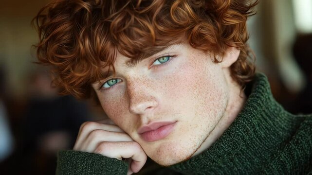 Redhead with green eyes rests hand on chin