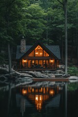 Fototapeta premium Serene Lakeside Cabin Surrounded by Trees with Reflections on Water at Dusk for Relaxation