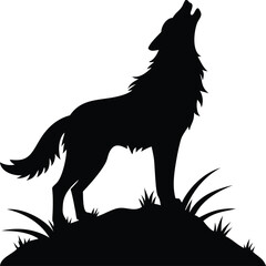 Silhouette of a wolf howling on a hill isolated on white background