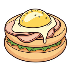 Cartoon Illustration of an Open Faced Sandwich with Ham Lettuce and a Fried Egg on Top Ready to be Eaten