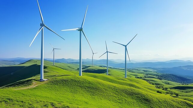 Stunning photo of wind turbines on vibrant green hills under a clear blue sky, showcasing renewable energy and eco-friendly power generation.