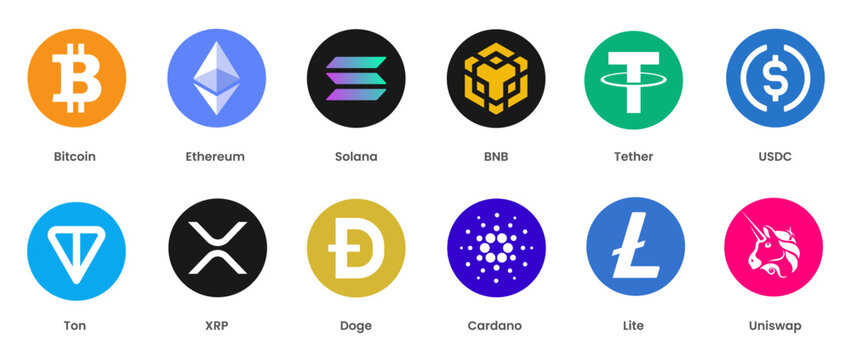 Vector Logos of Cryptocurrencies Including Bitcoin, Ethereum, Solana, BNB, Tether, USDC, Ton, XRP, Dogecoin, Cardano, Litecoin, and Uniswap with Transparent Background for Crypto and Blockchain Design