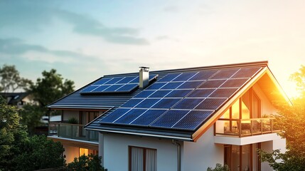 Fototapeta premium A photo-realistic image of rooftop solar panels on a modern house, showcasing energy efficiency and sustainable green home design.