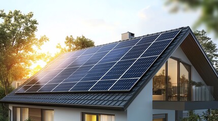 Fototapeta premium Photorealistic solar panels on a modern house, showcasing energy efficiency and sustainability in bright daylight.