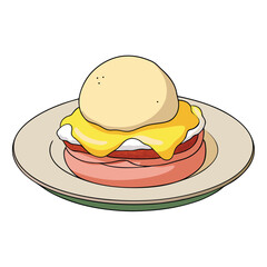 Cartoon Eggs Benedict Illustration on a Plate Featuring a Poached Egg Ham and Hollandaise Sauce Perfect for Breakfast or Brunch Menus and Culinary Art Projects