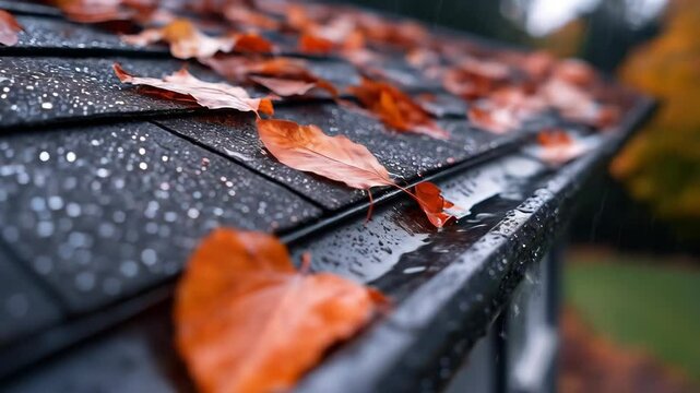 Rain-soaked roof tiles with autumn leaves