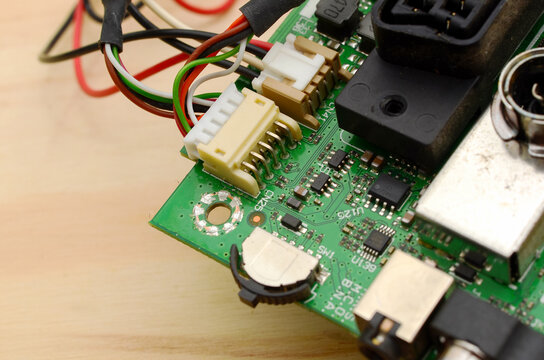 Printed circuit boards with electronic components close-up, photo for a project about the development of modern technologies, engineering and production, high detail.