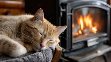A sleepy orange cat relaxes in its purple bed next to the fireplace, enjoying a cozy atmosphere with soft, natural light