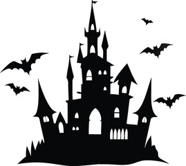Silhouette of a spooky castle with bats isolated on white background