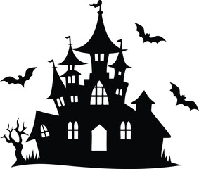 Silhouette of a spooky haunted castle with bats isolated on white