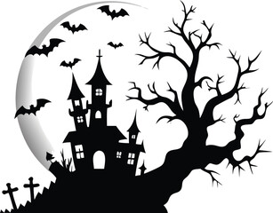 Spooky haunted house with bats flying in front of the moon
