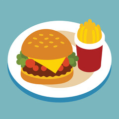 Stylized Illustration of a Classic Burger and Fries Meal on a Plate Depicting Fast Food in a Simple and Colorful Design Style