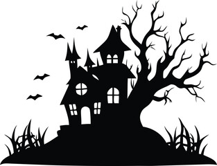 Haunted house silhouette with bats and a spooky tree isolated on white