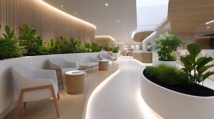 Bright and spacious beauty salon adorned with plants offers a serene environment for clients to enjoy pampering services and treatments