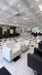 Obraz premium Bright beauty salon showcases modern design, natural light, and greenery, providing a relaxing space for beauty treatments and care