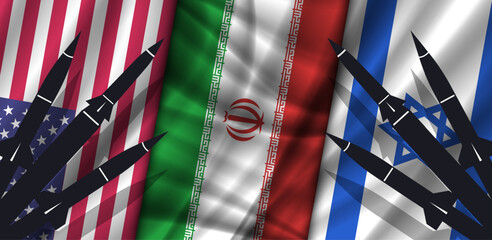 Vector wavy national flags, United States of America, Islamic Republic of Iran and Promised land. Shadows and silhouettes of rockets. USA and Star of David alliance. Political military wide banner