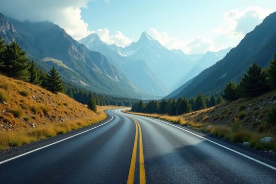 Empty asphalt road curves through majestic mountains , mountain road, winding road