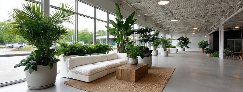 Bright and spacious beauty salon adorned with plants offers a serene environment for clients to enjoy pampering services and treatments