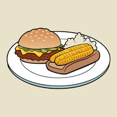 Cartoon Plate with Hamburger Hotdog Corn and Mashed Potatoes for a Classic American Meal Illustration or Childrens Book Imagery