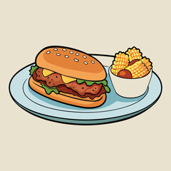 Cartoon Illustration of a Chicken Sandwich with Cheese and Lettuce Served with Waffle Fries and Ketchup on a Light Blue Plate