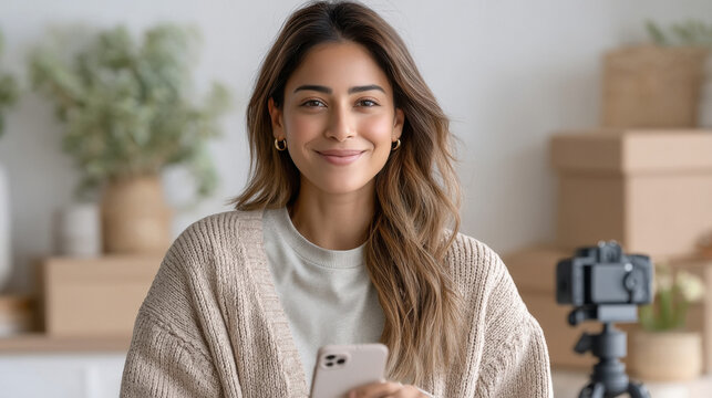 young indian woman sitting with camera using smartphone