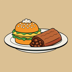 Cartoon Illustration of a Hamburger and Burrito on a White Plate Featuring Bold Outlines and a Simple Clean Aesthetic for Various Creative Projects