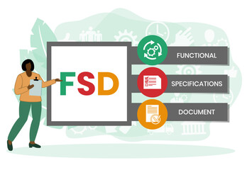 FSD - Functional Specifications Document acronym. business concept background. vector illustration concept with keywords and icons. lettering illustration with icons for web banner, flyer