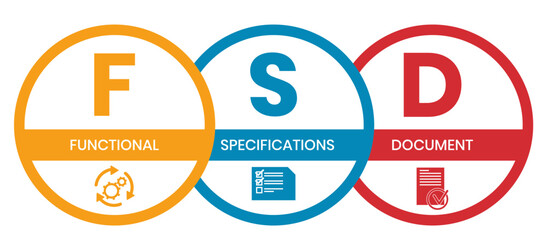 FSD - Functional Specifications Document acronym. business concept background. vector illustration concept with keywords and icons. lettering illustration with icons for web banner, flyer