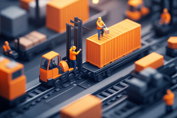 Dynamic scene of workers efficiently loading cargo onto train in busy rail yard, featuring cranes and forklifts, highlighting organized workflow of logistics operations.