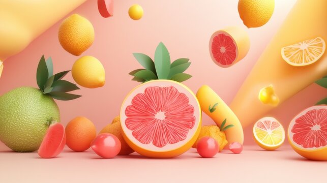 Vibrant citrus fruits in a playful, colorful arrangement with slices and whole fruits floating dynamically.
