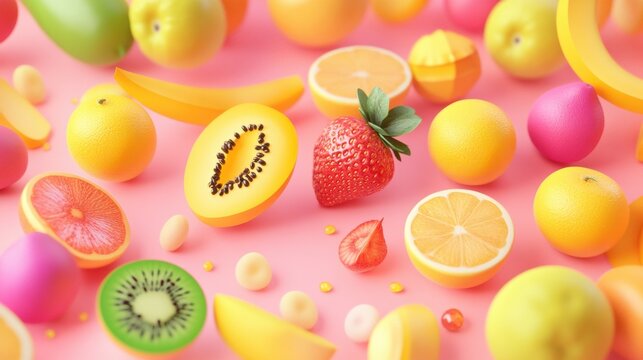 Vibrant Assortment of Fresh Fruits on a Pink Background