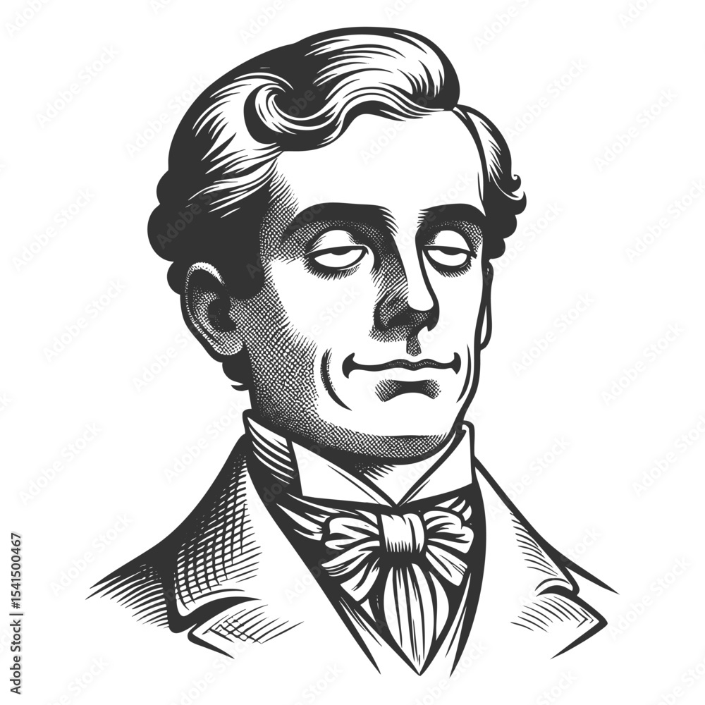 Poster funny smug victorian man with a confident smirk and half-lidded eyes in formal attire sketch engravi