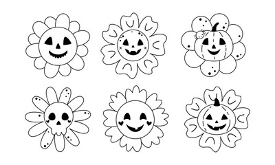 Cute Halloween flowers isolated black and white clipart set. Spooky seasonal floral characters, Happy Halloween doodle, hand drawn vector illustration in flat style