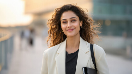 young indian business woman walking at city street