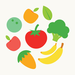 Colorful Flat Vector Illustration of Various Fruits and Vegetables Including Apples Bananas Broccoli Tomato and Others Isolated on a White Background