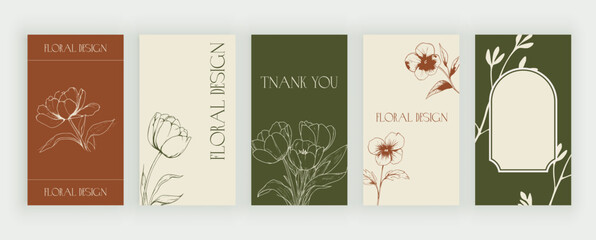 Fototapeta premium Floral social media templates backgrounds for stories, personal blog. Vector minimal aesthetic design banners with flowers and leaves 