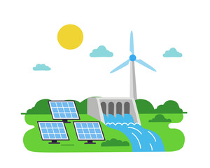 illustration of solar panels, wind turbine, and hydroelectric dam working together in a green landscape, representing clean and sustainable energy source