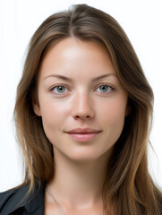 Fototapeta premium Nahaufnahme einer attraktiven blonden Frau mit natürlichem Make-up und freundlichem Blick für ein e-Passbild