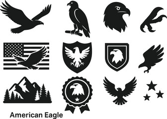 Black silhouette icon set for American Eagle Day. Includes bold black vector pictograms of a flying eagle, perched eagle on branch, eagle head profile, spread wings, USA flag and eagle combo, shield w