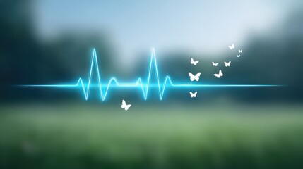 A glowing vital sign line merging with symbols of inner happiness. Spiritual and mental well-being. The ability to find happiness within oneself.