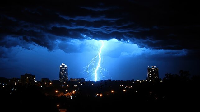 Dramatic Lightning Strike Over an Illuminated Cityscape at Night - Powered by Adobe